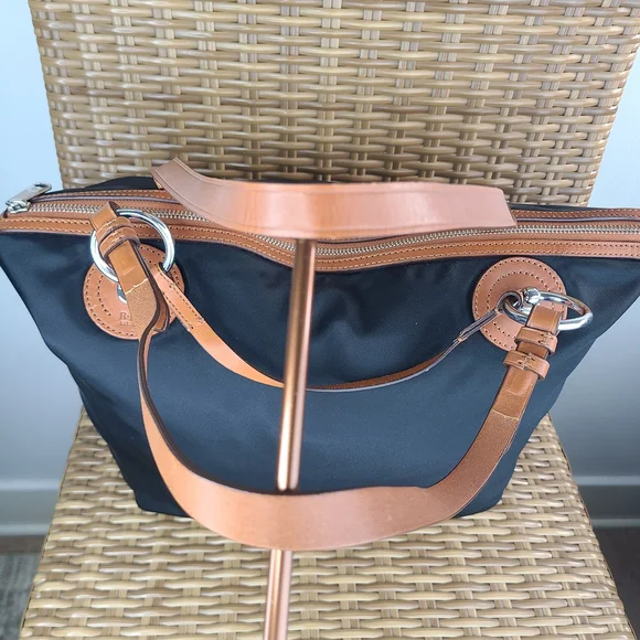 Lauren Ralph Lauren Black Nylon Shoulder Tote Bag Purse Brown Leather Trim - Picture 5 of 16